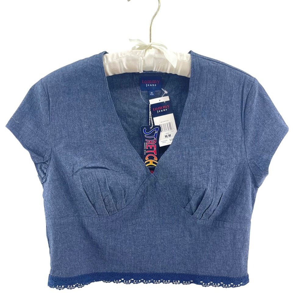 NWT Tommy Jeans Cropped Baby Tee Women M Blue Lace Trim Coquette Top Y2K Style